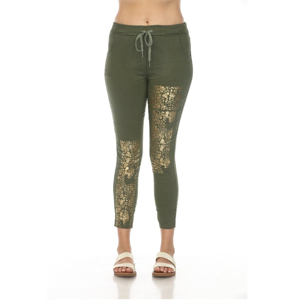 Moss Green Gold Detail Strachable Pant with Drawstring